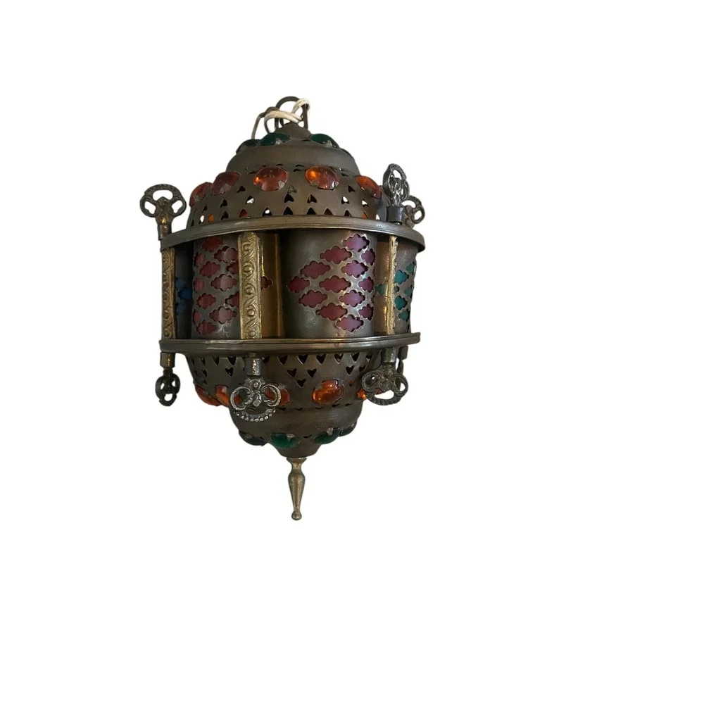 Vintage Moroccan Brass Jeweled Lantern Hanging Swag Lamp Colorful Glass Cabochon